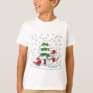 T-shirt Neige tombant sur Cardinal, Snowman et Pine Tree