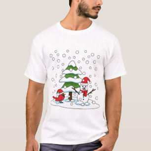 T-shirt Neige tombant sur Cardinal, Snowman et Pine Tree