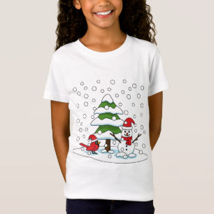 T-Shirt Neige tombant sur Cardinal, Snowman et Pine Tree