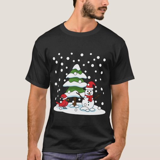 T-shirt Neige tombant sur Cardinal, Snowman et Pine Tree (Devant)