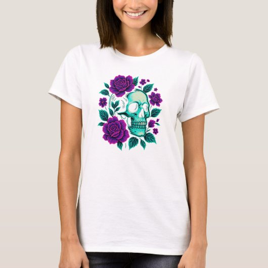 T-shirt Neon Bloom – Crâne dans les Roses (Devant)