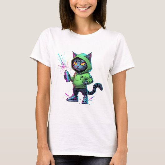 T-shirt Neon Graffiti Cat - Futuriste Cyberpunk Street Ar (Devant)