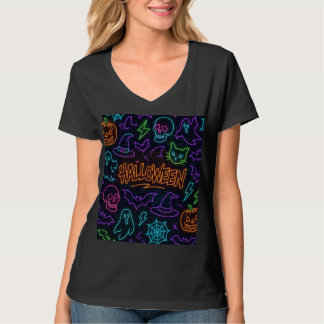 T-shirt Neon Halloween Pattern Ghosts Pumpkins Bats