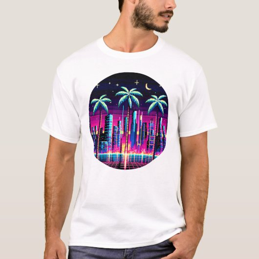 T-shirt Neon Pixel Palm Trees - Cyberpunk Night City Art (Devant)