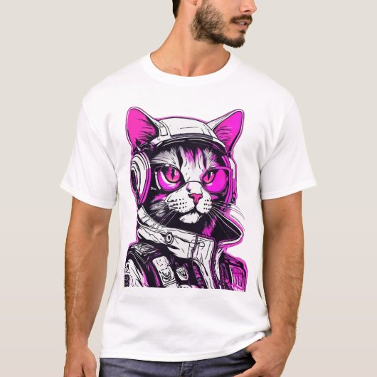 T-shirt Neon Punk Chat avec casque (Devant)