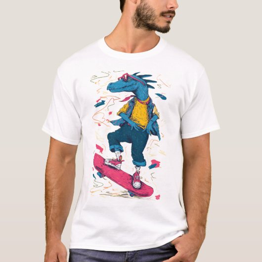 T-shirt Neon Skater Dino – Street Art Illustration (Devant)
