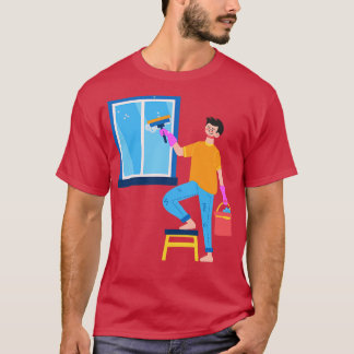 T-shirt Nettoyer La Fenêtre Du Garçon Dessiné À La Main