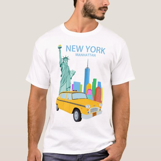 T-shirt New York City Manhattan Statue Skyscrapers Taxi (Devant)