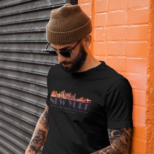 T-shirt New York City Skyline. Boroughs and Coordinates
