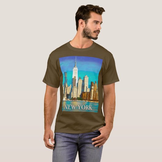 T-shirt New York Skyline en bleu Cobalt et Tan (Devant entier)