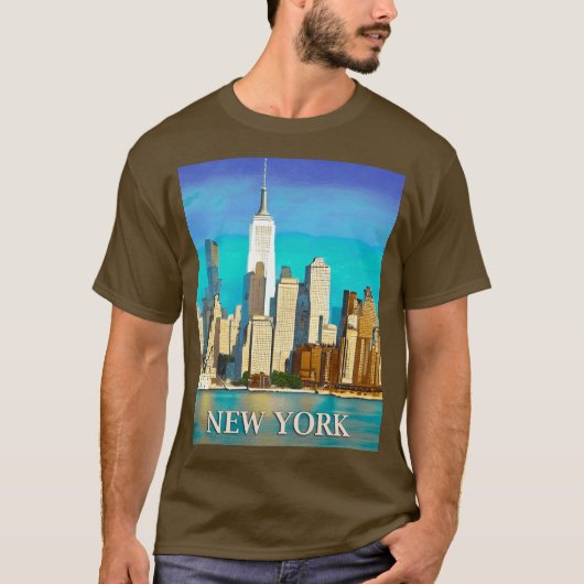 T-shirt New York Skyline en bleu Cobalt et Tan (Devant)