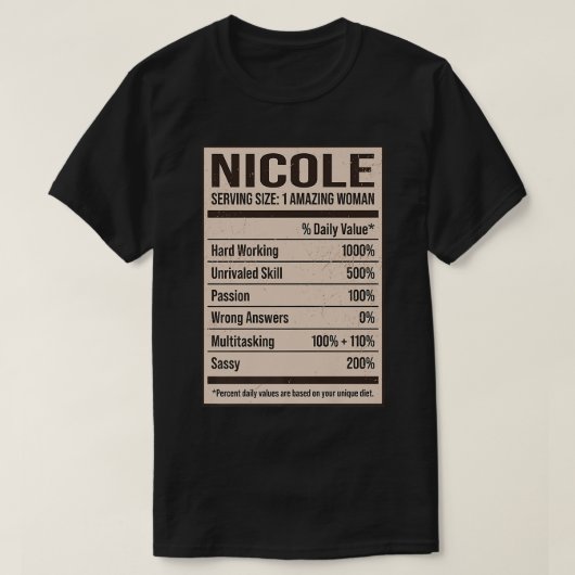 T-shirt Nicole Valeur nutritive Nom Pseudo Alias Titre F (Design devant)