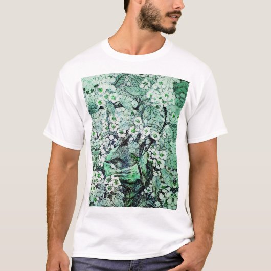 T-SHIRT NID D'OISEAU, ARBRE, FLEURS DE PRINTEMPS BLANC VER (Devant)