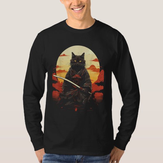 T-shirt Ninja Chat Samurai Épée Meow Guerrier (Devant)