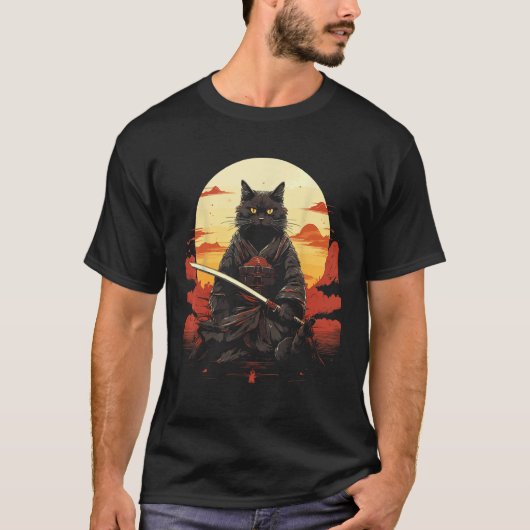 T-shirt Ninja Chat Samurai Épée Meow Guerrier (Devant)
