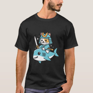 T-shirt Ninja Chat Samurai Riding Requin