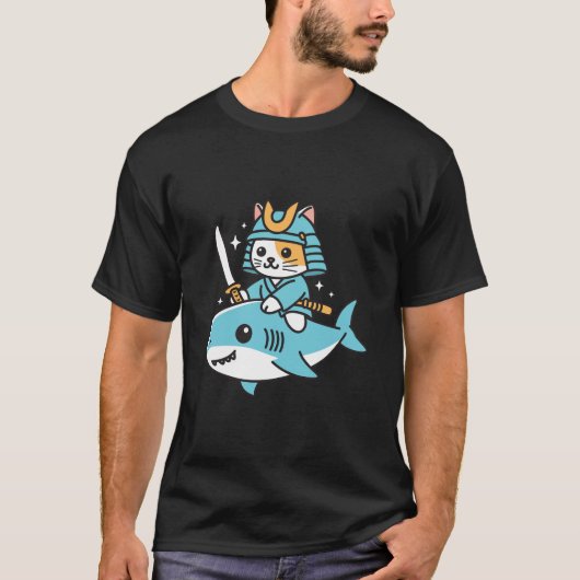 T-shirt Ninja Chat Samurai Riding Requin (Devant)