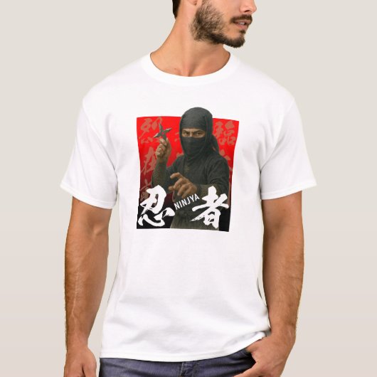 T-shirt Ninja en noir avec Kanji et fond rouge (Devant)