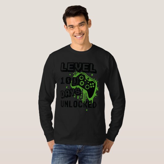 T-shirt Niveau 100 Jours d'école déverrouillé Rétro 8 Bit  (Devant entier)