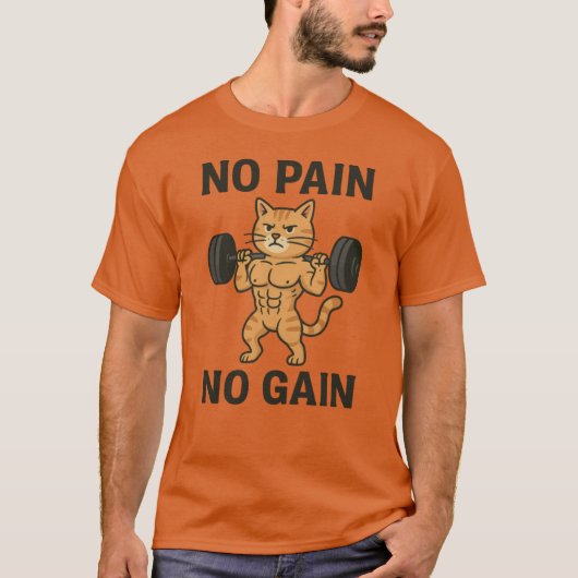 T-shirt No Pain No Gain Buff Cat Weightlifting Funny Gym D (Devant)