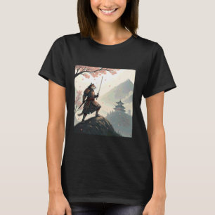 T-shirt Noble Chat Samouraï avec Katana Parmi les Pétales