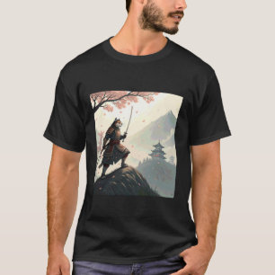 T-shirt Noble Chat Samouraï avec Katana Parmi les Pétales
