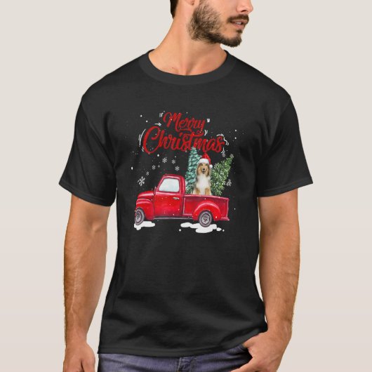 T-shirt Noël amusant Père Noël Sheltie Ride Rouge Camion N (Devant)