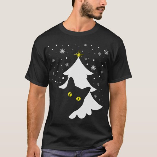 T-shirt Noël Chat noir Noël Arbre neige et étoiles (Devant)