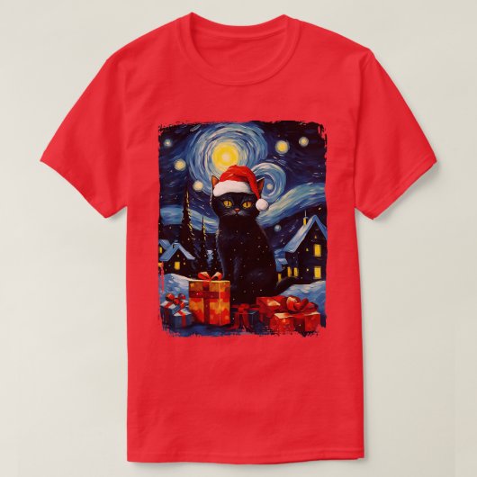 T-shirt Noël Chat noir Starry Nuit Van Gogh Retro Ca (Design devant)