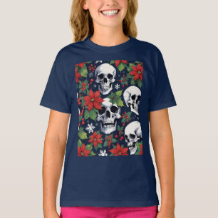 T-shirt Noël Crâne Avec Poinsettias & Flocons de Neige