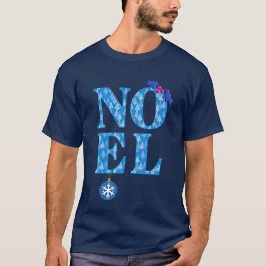 T-shirt NOEL dans un Motif d'arbre de Noël bleu (Devant)