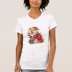 T-shirt Noël de l'éclairage de Noël Père Noël Shiba Inu Ch