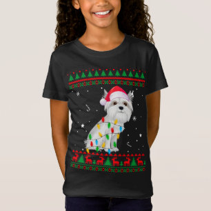 T-Shirt Noël Doux moche Feux de Noël Lumières Chien Maltai