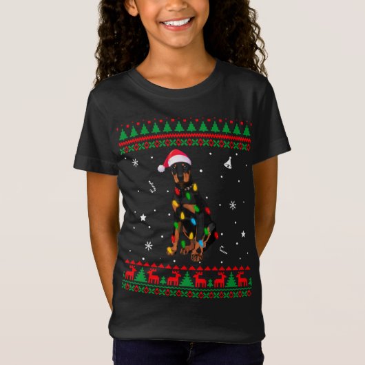 T-Shirt Noël Doux moche lumières de Noël Doberman Chien Lo (Devant)