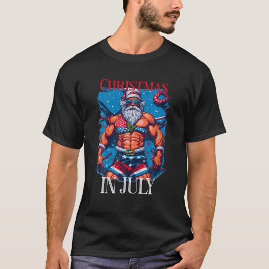 T-shirt Noël en juillet Bodybuilder Santa Claus USA Drapea (Devant)