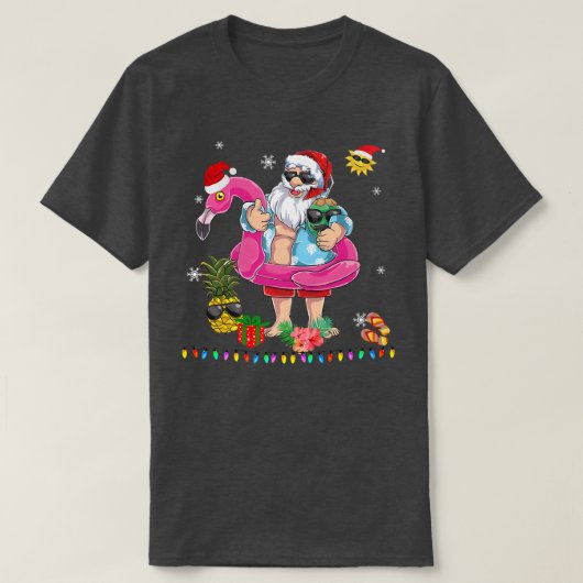 T-shirt Noël en juillet Père Noël hawaii Flamant rose lune (Design devant)