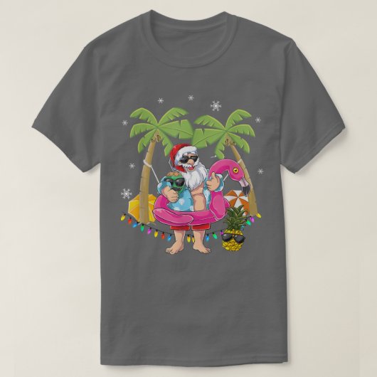 T-shirt Noël en juillet Père Noël hawaii Flamant rose lune (Design devant)
