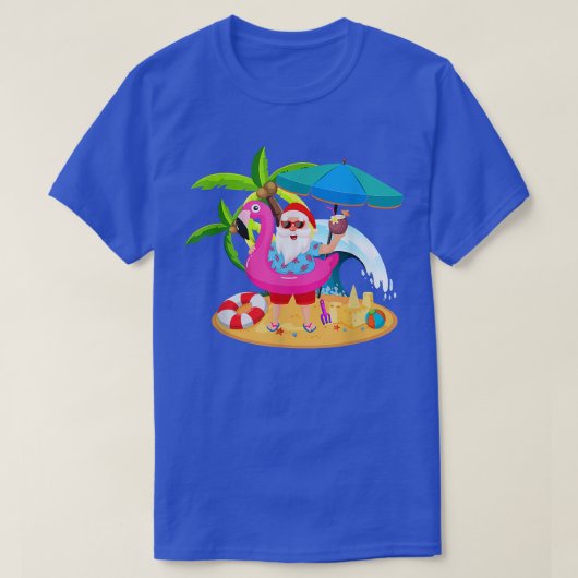 T-shirt Noël en juillet Père Noël hawaii Flamant rose lune (Design devant)