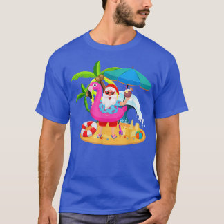T-shirt Noël en juillet Père Noël hawaii Flamant rose lune