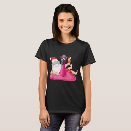 T-shirt Noël en juillet Père Noël Hawaii Flamant rose Summ (Devant entier)