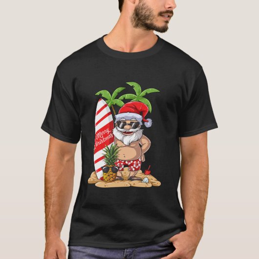 T-shirt Noël en juillet Père Noël Hawaiian Surfing Cadeaux (Devant)