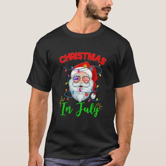 T-shirt Noël En Juillet Santa Hat Usa Drapeau Lunettes de  (Devant)