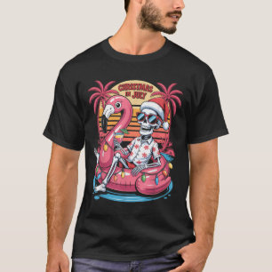 T-shirt Noël En Juillet Squelette Flamant rose Flotte Été