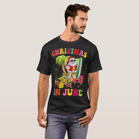 T-shirt Noël En Juin Drôle Père Noël Flamant rose Été Vaca (Devant entier)