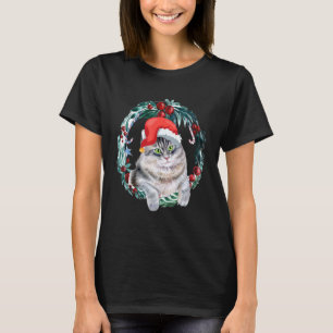 T-shirt Noël Femme Chat Floral Arbre de Noël Drôle