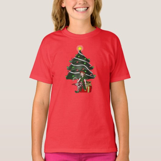T-shirt Noël Fille Elfe Arbre Présente Enfants mignonne (Devant)