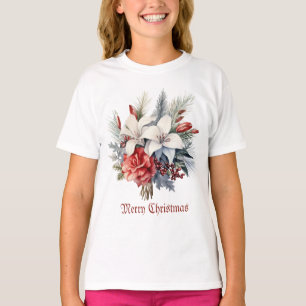 T-shirt Noël Fleurs Blanches Rouges Fêtes Élégant
