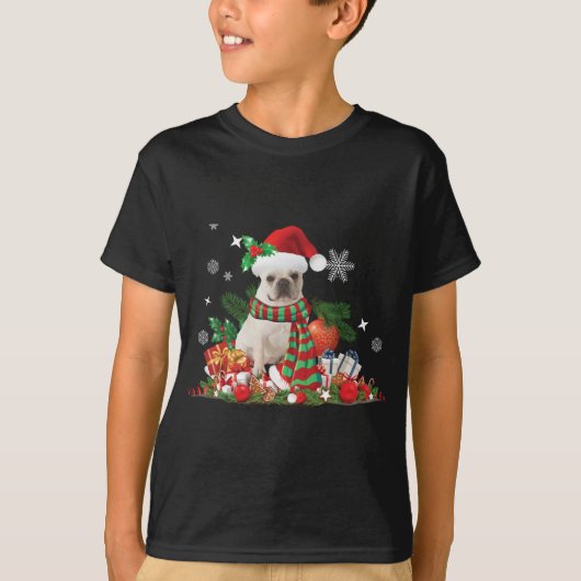 T-shirt Noël, French Bulldog, Frenchie, Chien avec Sant (Devant)