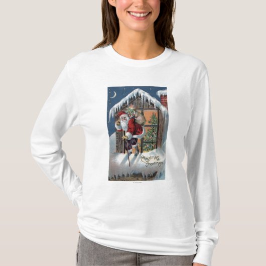 T-shirt Noël GreetingSanta montant la fenêtre (Devant)