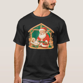 T-shirt Noël Kneeling Père Noël avec le bébé Jésus